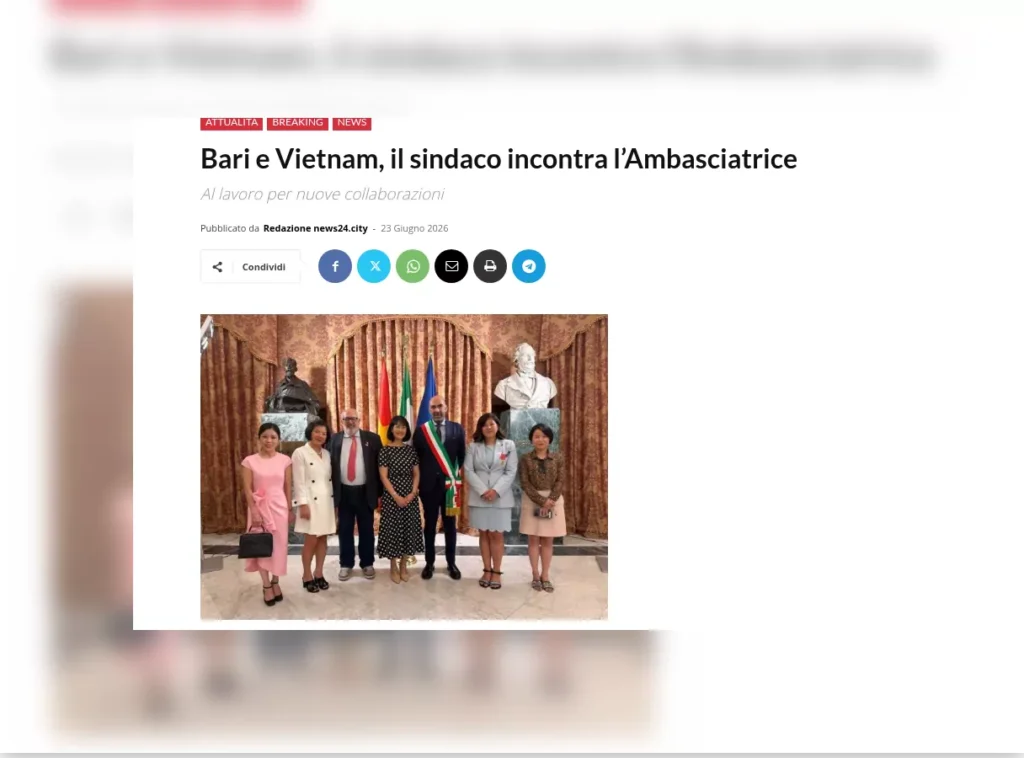 Rassegna stampa – Bari news24city: Bari e Vietnam, il sindaco incontra l'Ambasciatrice