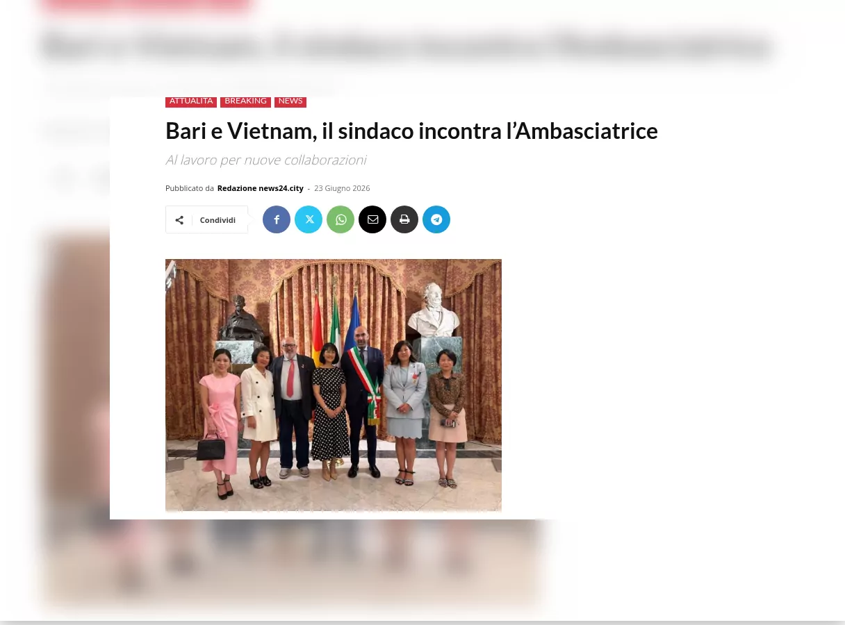 Rassegna stampa – Bari news24city: Bari e Vietnam, il sindaco incontra l'Ambasciatrice