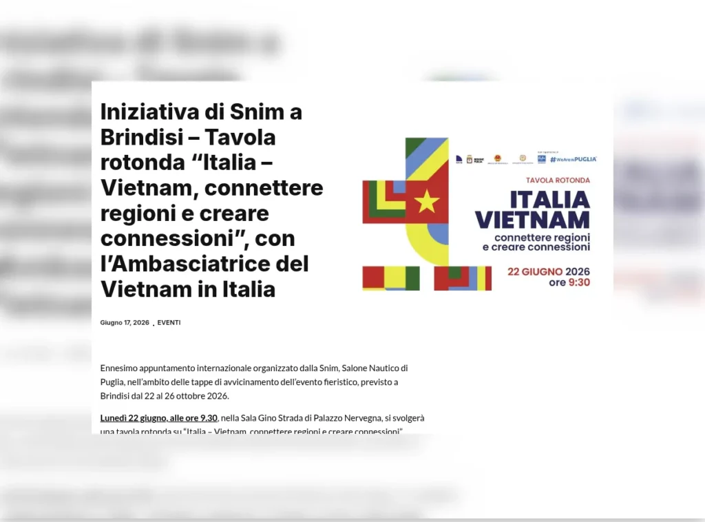 Rassegna stampa – Brindisitime: Iniziativa di Snim a Brindisi – Tavola rotonda «Italia – Vietnam, connettere regioni e creare connessioni», con l'Ambasciatrice del Vietnam in Italia