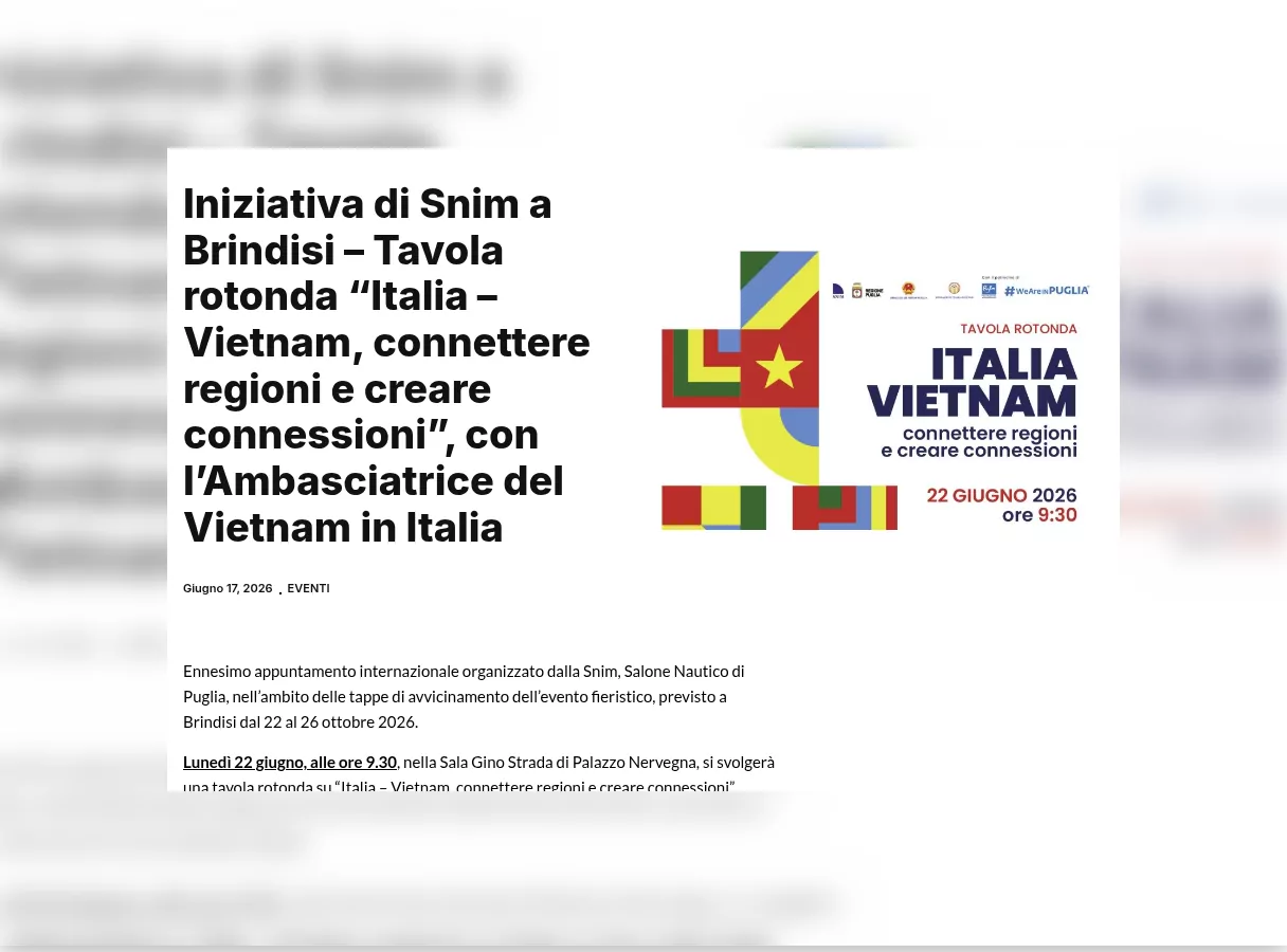 Rassegna stampa – Brindisitime: Iniziativa di Snim a Brindisi – Tavola rotonda «Italia – Vietnam, connettere regioni e creare connessioni», con l'Ambasciatrice del Vietnam in Italia