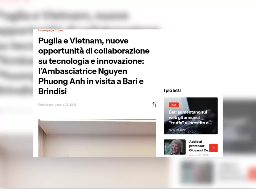 Rassegna stampa – Giornale di Puglia: Puglia e Vietnam, nuove opportunità di collaborazione su tecnologia e innovazione