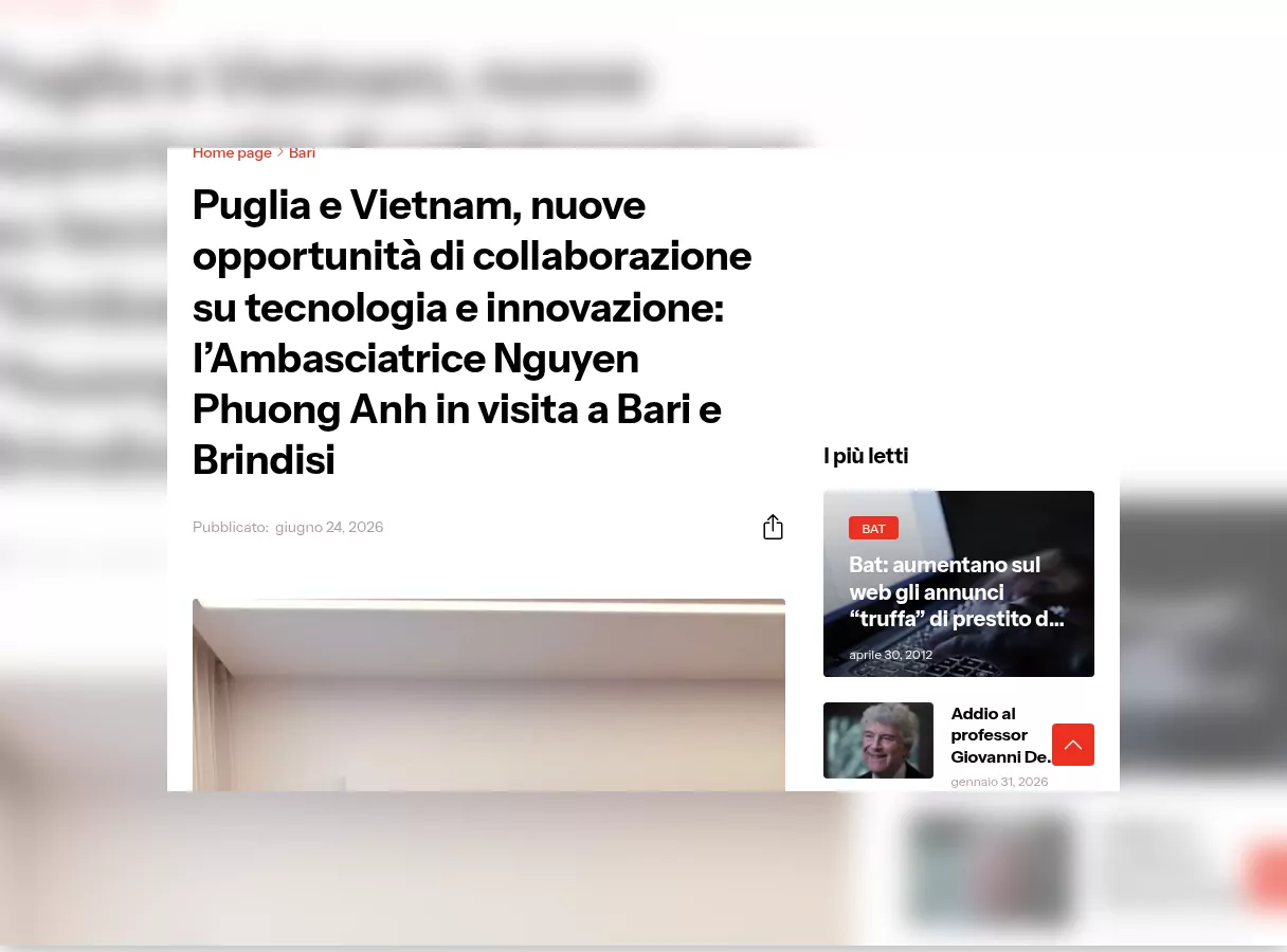 Rassegna stampa – Giornale di Puglia: Puglia e Vietnam, nuove opportunità di collaborazione su tecnologia e innovazione