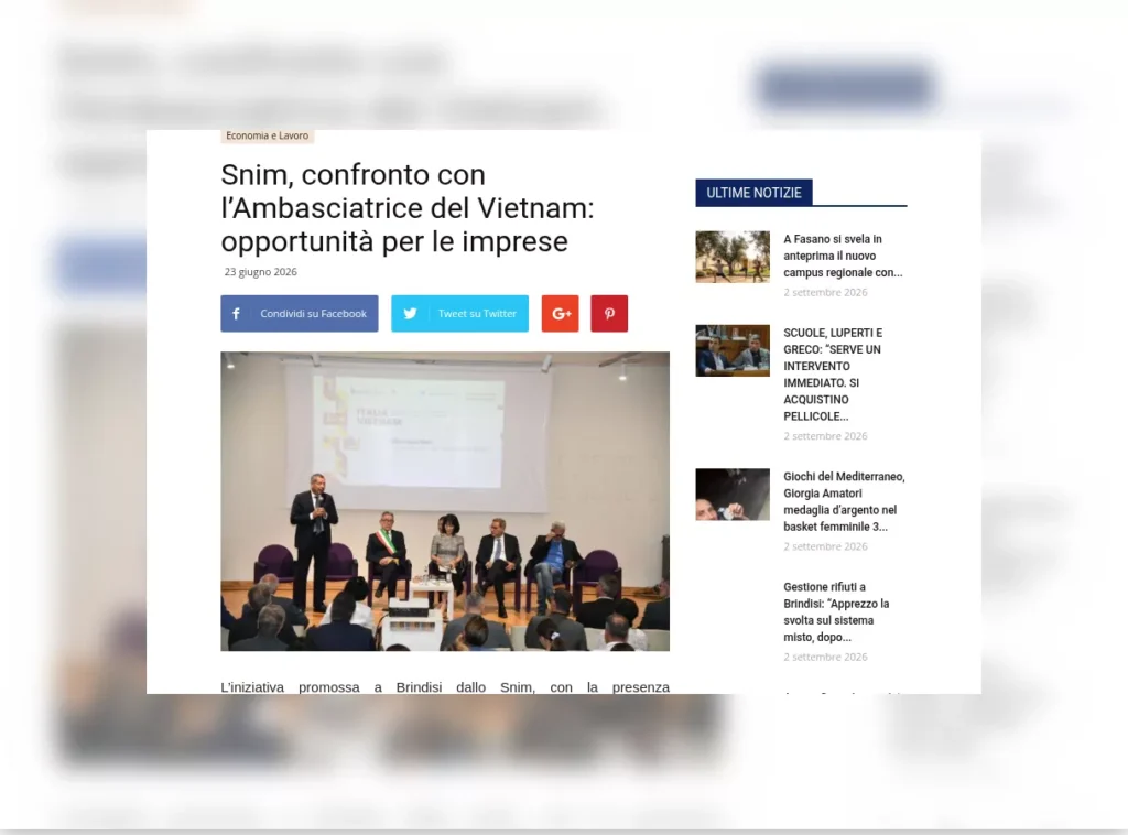 Rassegna stampa – newspam.it: Snim, confronto con l'Ambasciatrice del Vietnam: opportunità per le imprese