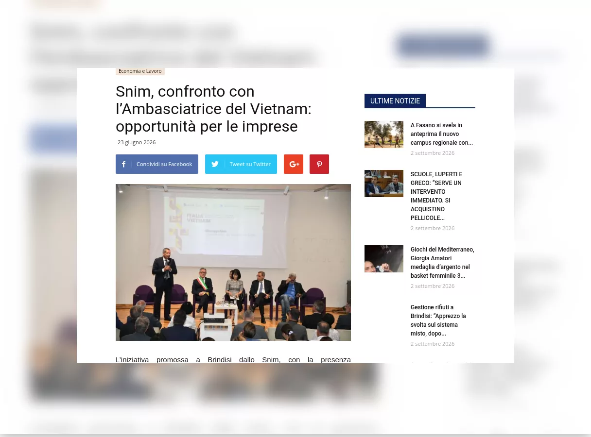 Rassegna stampa – newspam.it: Snim, confronto con l'Ambasciatrice del Vietnam: opportunità per le imprese