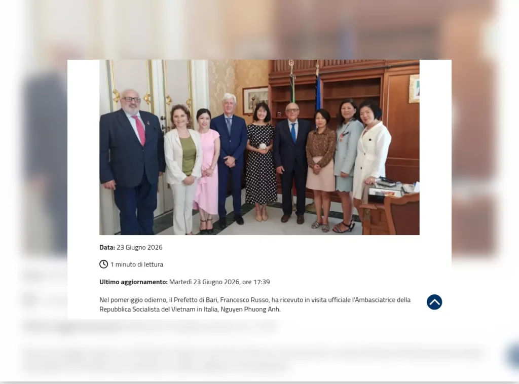 Rassegna stampa – Prefettura di Bari: Visita dell'Ambasciatrice della Repubblica Socialista del Vietnam in Italia alla Prefettura di Bari
