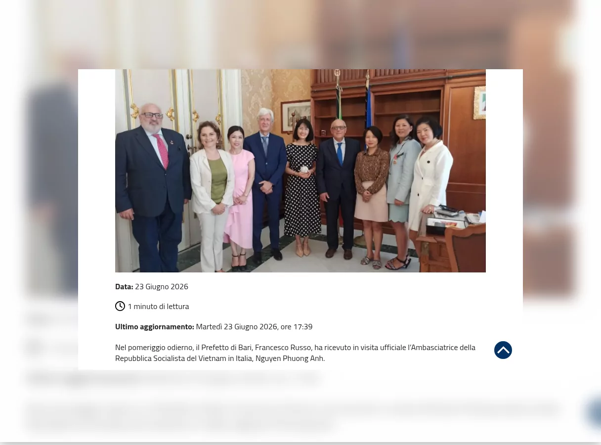 Rassegna stampa – Prefettura di Bari: Visita dell'Ambasciatrice della Repubblica Socialista del Vietnam in Italia alla Prefettura di Bari